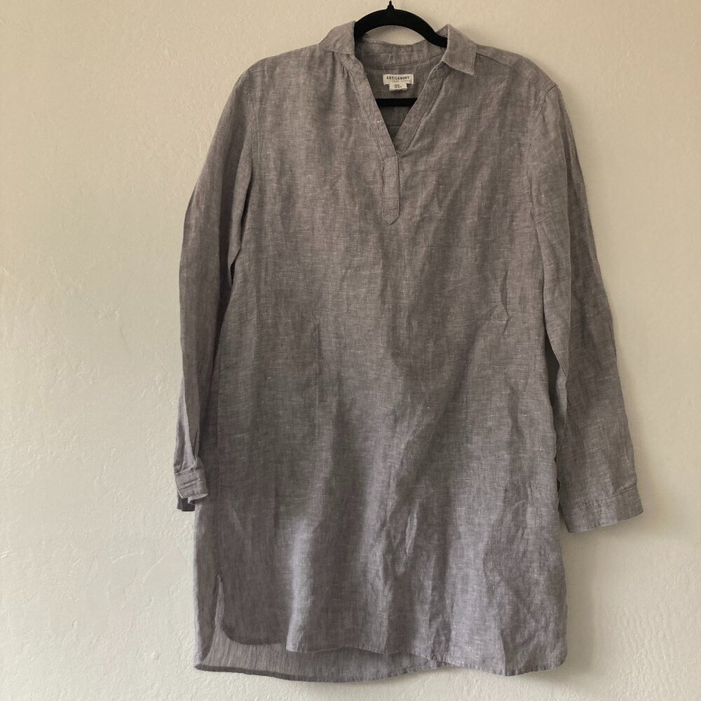 100% Linen Gray Shirt Dress Long Sleeve Artisan NY Split Neck Lagenlook Medium